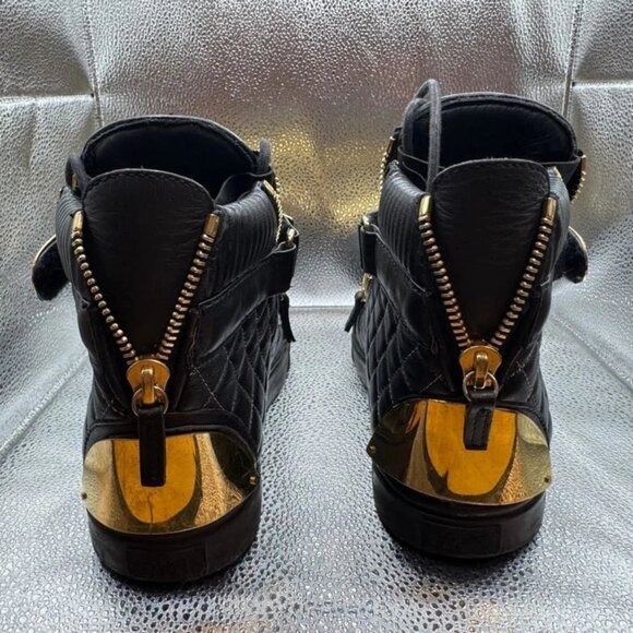 Size 40 - Giuseppe Zanotti Womens Black Leather High Top‎ Gold Quilted Sneakers - Picture 6 of 9